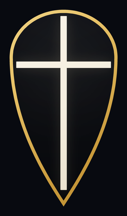 The Crusade shield: a long white cross on a black shield with a gold rim